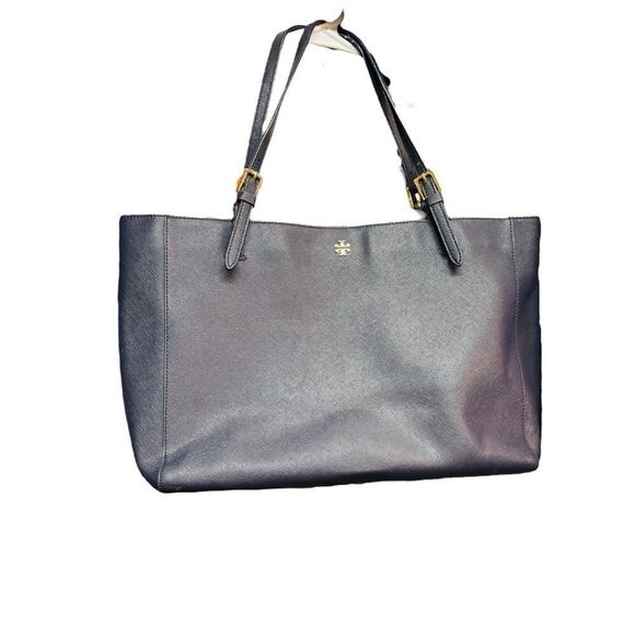 Tory Burch Emerson Tote Bag Gold Metal Fittings Leather NavyAuthentic Purse